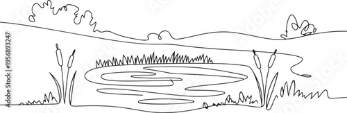 Pond graphic black white landscape. one line art icon drawing vector
