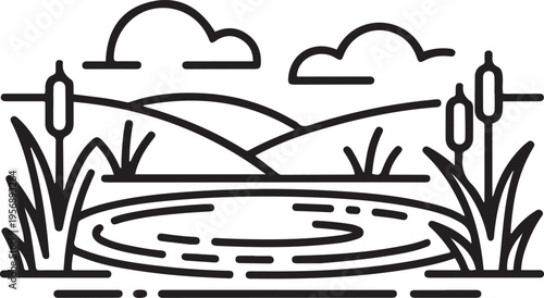 Pond graphic black white landscape. one line art icon drawing vector