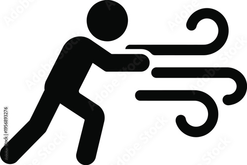 A black silhouette icon representing a human figure struggling against a very strong wind gust isolated on white background, Vector, illustration