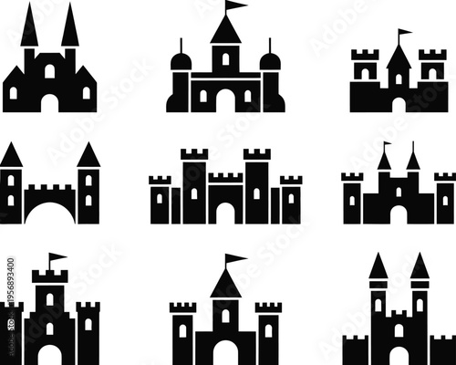 A collection of nine various black silhouette castle icons featuring different architectural styles isolated on white background, Vector, illustration