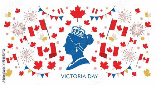 Victoria day celebration background with canadian flags maple leaves and fireworks decorations