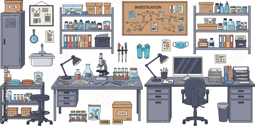 Forensic Laboratory Interior Collection with Investigation Workstations, Evidence Board, Medical Supplies, Computers, Shelves, and Crime Scene Analysis Equipment