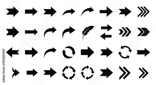 Collection of black arrow icons and a feather illustration