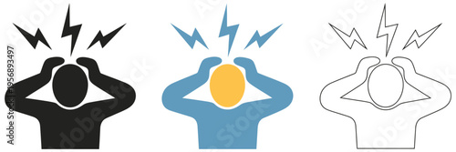 Panic Attack Icon, simple line illustration of distressed person crouching and covering ears, symbolizing anxiety, panic, stress, noise overload, and mental health pressure, clean minimal design.