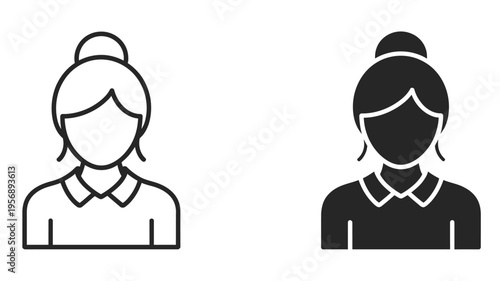 A pair of female user avatar icons featuring a woman with a hair bun and a collared shirt design isolated on white background, Vector, illustration