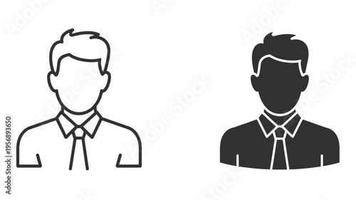 A pair of male avatar icons representing business professionals in both outline and solid styles isolated on white background, Vector, illustration