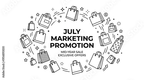 July Marketing Promotion Banner with Shopping Bags