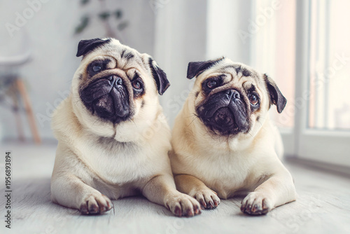 Two Pugs Sitting on Wooden Floor with Tilted Heads