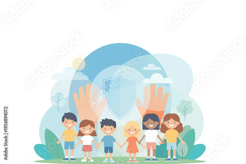 Cartoon illustration of diverse happy children holding hands, enveloped by caring adult hands with a shield, representing childhood safety, support, and a secure community