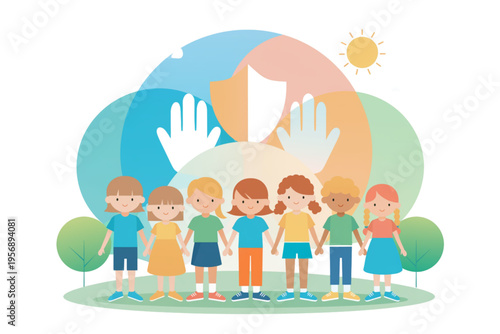 Illustrative representation of diverse children holding hands, promoting unity, safety, and a sense of belonging within a caring community, fostering friendship and support for future generations