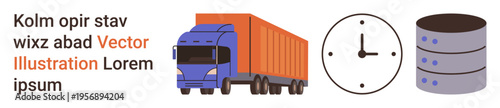 Transportation, data management, time tracking, logistics planning, warehousing, IT solutions. Truck, clock, server icons logistics warehousing data management and scheduling concepts