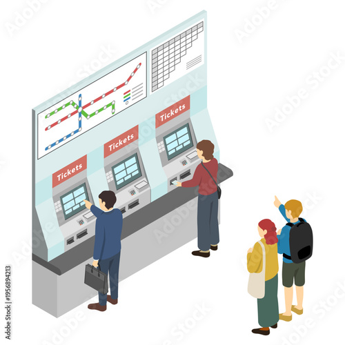 アイソメトリックイラスト：駅の券売機でチケットを買う人々