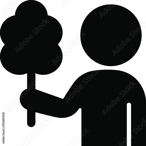 A silhouette icon of a person holding a fluffy stick of sweet cotton candy for a carnival event isolated on white background, Vector, illustration