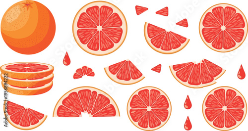 Fresh Grapefruit with Sliced Segments, Drips, and Whole Fruit for Healthy Food and Beverage Illustrations