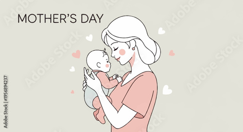 Loving mother holding baby close tender moment with hearts pastel colors warm and cozy atmosphere mother's day celebration