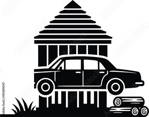 Classic car parked under a stylized pavilion with a relaxed ambiance