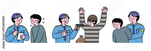 The police are investigating the suspect, arresting the criminal, and aiming a gun at the thief. Cute character with a round face. 