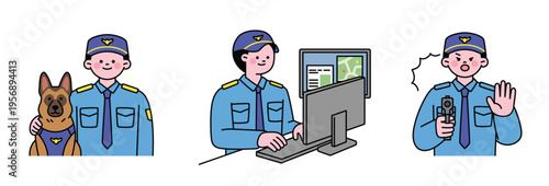 A police character is watching CCTV, holding a gun and issuing a warning, and investigating with a police dog. Cute character with a round face. 