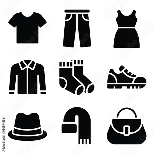 Set of black silhouette icons representing various articles of clothing and fashion accessories isolated on white background, Vector, illustration