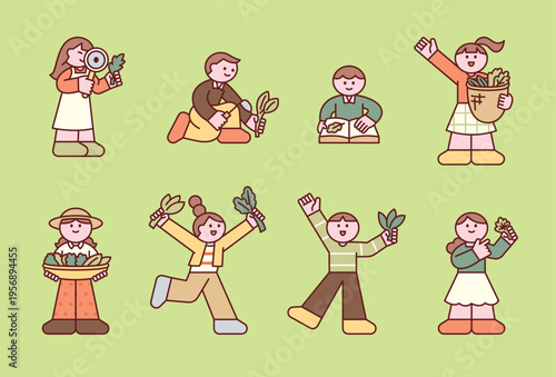 People holding wild herbs, observing, and studying. 
