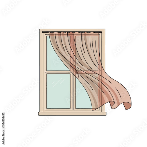 Curtain blowing in the wind on window.