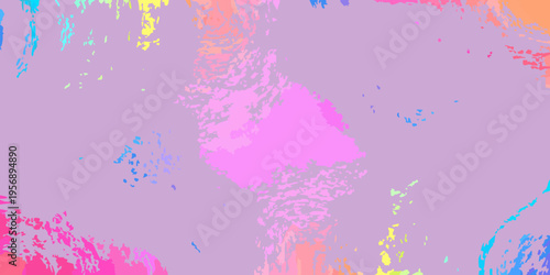 Abstract colorful brushstrokes and splatters against a lilac background