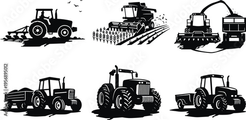 Agricultural machinery silhouettes set, tractor and harvester farming equipment illustration, rural agriculture vehicles collection, heavy farm transport design elements