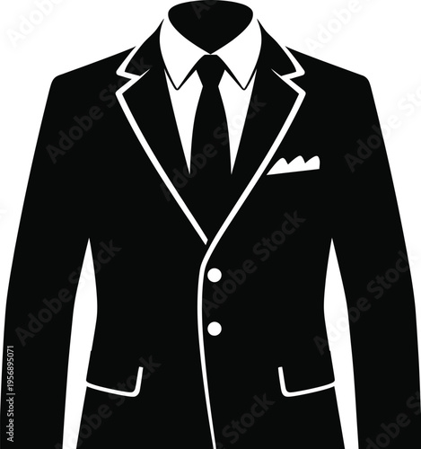 A formal black suit jacket featuring a crisp white shirt with a matching black necktie accessory isolated on white background, Vector, illustration