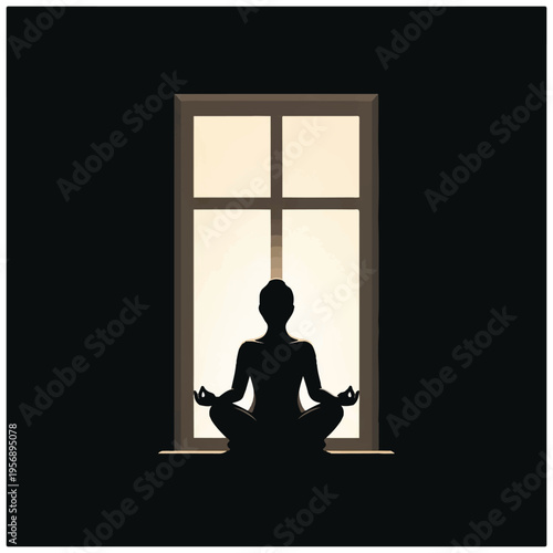 Woman Meditating Silhouetted Against Window Light 1.