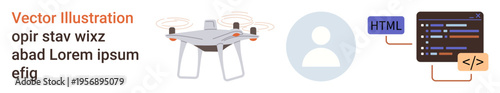 quadcopter technology, user interfaces, programming, coding concepts, digital identity, futuristic tech. Image a Quadcopter, a user profile icon and coding symbols. Drone technology and user