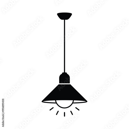 A black silhouette of a modern pendant light fixture hanging from a ceiling mount with a light bulb isolated on white background, Vector, illustration