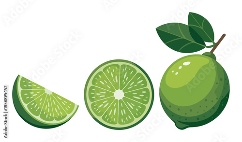 Fresh Green Limes: Whole, Sliced, and Wedge on White Background