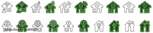 A collection of smart home technology icons featuring various outline and solid green house designs