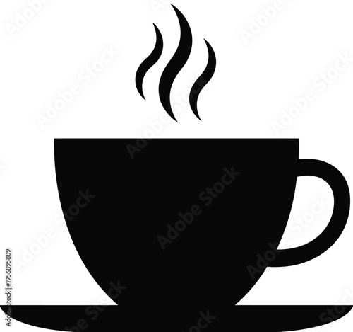 A simple black silhouette icon of a hot steaming cup of coffee sitting on a matching small saucer isolated on white background, Vector, illustration