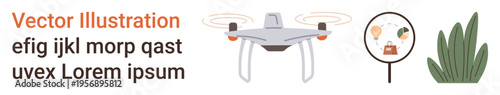 Technology, exploration, surveillance, retail research, environmental studies, modern tools. quadcopter with propellers, magnifying glass showing icons and a plant. Technology and exploration
