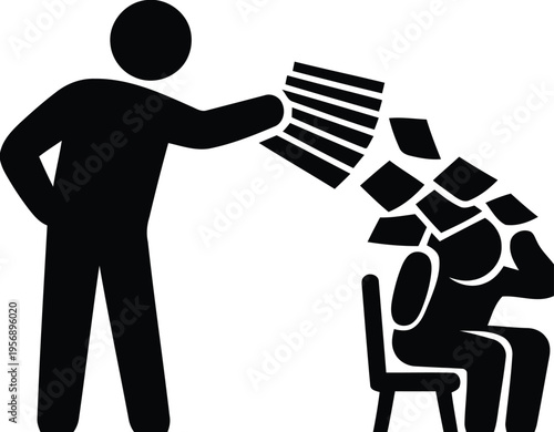 A supervisor throwing a large stack of paperwork at a stressed employee sitting in an office chair isolated on white background, Vector, illustration