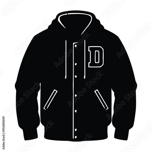 Black varsity jacket with a white letter d logo design and a hood for casual sports fashion wear isolated on white background, Vector, illustration