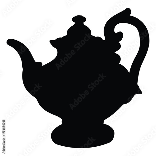 A detailed black silhouette of a classic vintage tea pot with an ornate handle and elegant lid isolated on white background, Vector, illustration