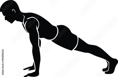 A silhouette of a muscular man performing a standard push up exercise in a classic fitness routine isolated on white background, Vector, illustration