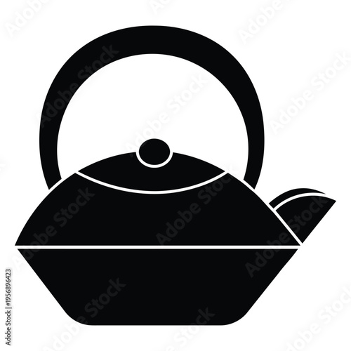 A minimalist black silhouette icon representing a traditional rounded cast iron tea kettle design isolated on white background, Vector, illustration