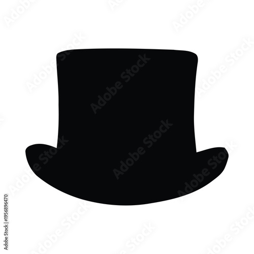 A classic black top hat silhouette featuring a tall cylindrical crown and a wide curved brim design isolated on white background, Vector, illustration