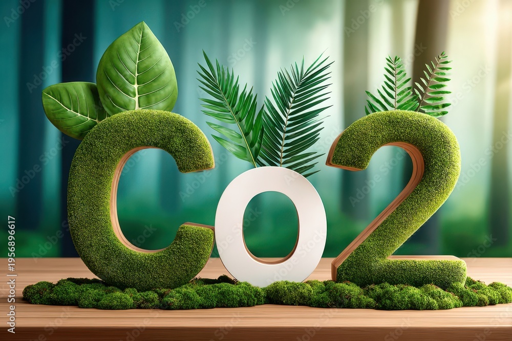 Fototapeta premium Green CO2 letters made of grass and moss symbolizing carbon, climate and environmental sustainability