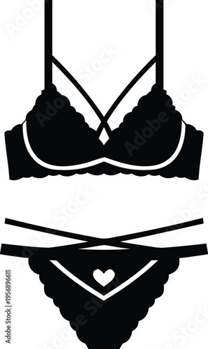 Black lingerie set featuring a lace bralette with cross straps and matching high leg thong panty isolated on white background, Vector, illustration