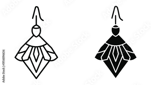 A pair of decorative geometric dangle earrings featuring a stylized floral or triangular design isolated on white background, Vector, illustration