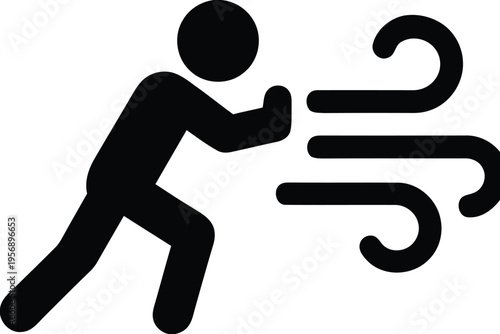 A silhouette icon of a person struggling to walk forward against a very strong gust of wind force isolated on white background, Vector, illustration
