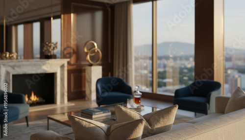 Blurred Urban Loft Living Room Background with Warm Ambient Lighting and Industrial Modern Design Elements