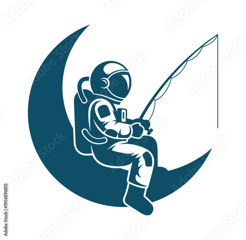 astronaut sitting on crescent moon and fishing with rod and line