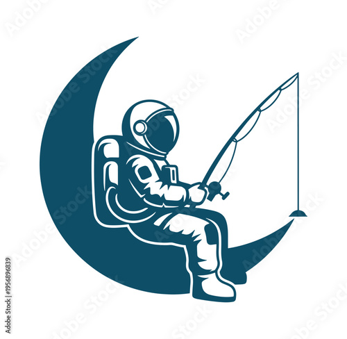 Astronaut sitting on crescent moon and fishing  space exploration and hobby concept