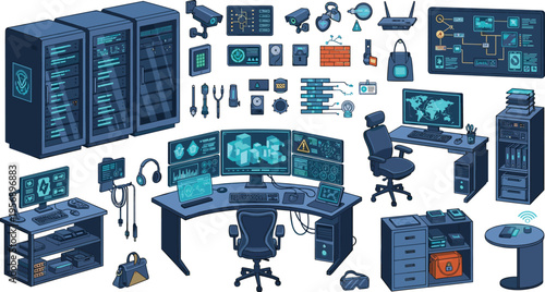 Cyber Security Command Center Interior Collection with Server Cabinets, Monitoring Workstations, Surveillance Equipment, Control Panels, and Digital Investigation Technology