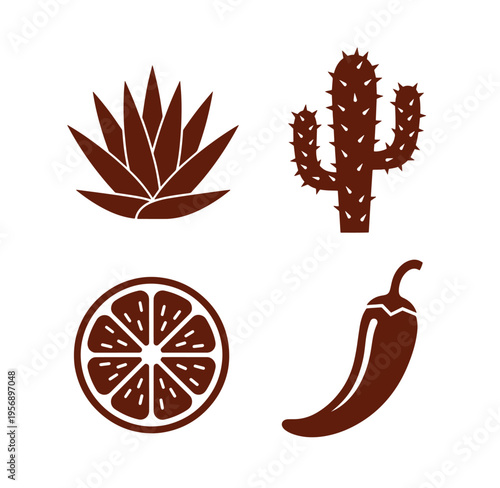 Brown silhouettes of agave plant cactus chili pepper and citrus fruit slice on white background
